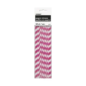 Unique Party Paper Striped Straw (Pack of 10) Hot Pink/White (One Size)