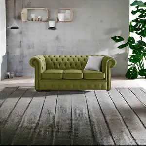 Chesterfield 3 Seater Malta Grass Green Real Velvet Fabric Sofa In Classic Style