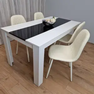 Wooden White Black Dining Table with 4 Cream Stitched Leather Chairs Set