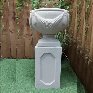 Large Round Sandstone Garden Urn on Square Plinth