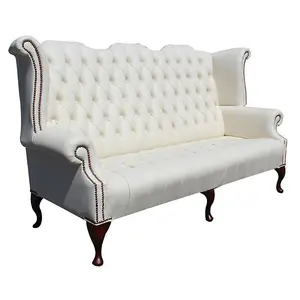 Chesterfield 3 Seater High Back Wing Chair Cottonseed Cream Leather Sofa In Queen Anne Style