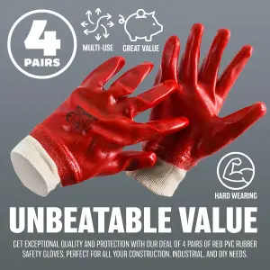 Set Of 4 Pairs Red Pvc Rubber Safety Builders Work Gloves Protect Diy