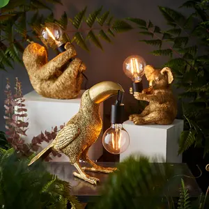 Vintage Gold Sloth Table Light - Resin Figure - Matt Black Lamp Holder