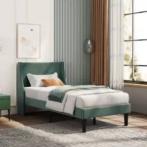 Velvet Upholstered 3FT Single Bed Frame with Winged Headboard and Wood Slat Green Bed