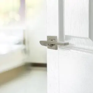 UNO-2 Door Handle Satin Nickel Lever on Square Rose Internal Handles + 64mm Latch & Hinges