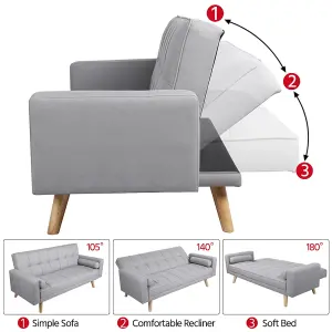 Yaheetech Grey Fabric Upholstered 3 Seater Convertible Sofa Bed with Armrests and 2 Bolster Pillows