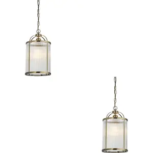 2 PACK Hanging Ceiling Pendant Light - Antique Brass Plate & Clear Ribbed Glass - 10W LED E27