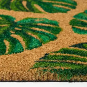 Homescapes Coir Doormat Green Tropical Leaves, 40 x 60 cm