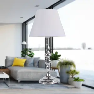 First Choice Lighting Chrome Plate Bedside Table Light with Detailed Column and White Fabric Shade