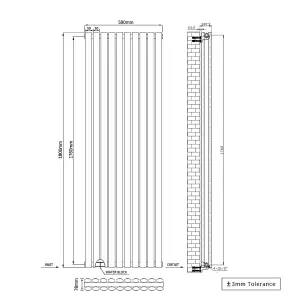 Right Radiators 1800x590mm Vertical Double Oval Column Designer Radiator Black