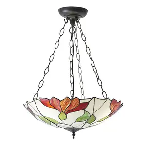 Tiffany Glass 3 Ceiling Light Pendant - Modern Floral Design - Dark Bronze Finish