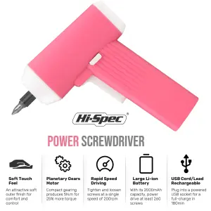 Hi-Spec 34pc 3.6V Pink Compact Electric Power Screwdriver & Bit Set. USB Rechargeable Battery for Cordless Screwdriving