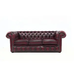 Chesterfield 3 Seater Antique Oxblood Red Real Leather Tufted Buttoned Sofa In Classic Style