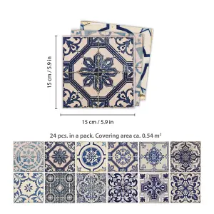 24 Pieces 15x15cm Malaga Spanish Blue Tile Stickers