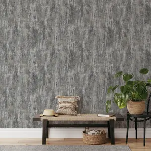 Charcoal Grey Textured Wallpaper Heavyweight Distressed Metallic Effect Vinyl