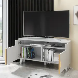 Furneo White Corner TV Stand 100cm Unit Cabinet Matt & High Gloss Azzurro06 Brushed Gold Handles White LED Lights