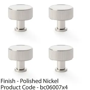 4 PACK - Round Reeded Door Knob 35mm Diameter Polished Nickel Lined Cupboard Pull Handle