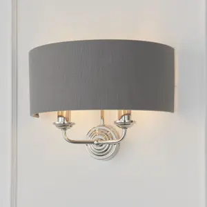 Wall Light - Bright Nickel Plate & Charcoal Fabric - 2 x 40W E14 - Dimmable