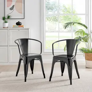 Furniturebox Set of 2 Black Colton Tolix Style Stackable Industrial Metal Dining Chair with Arms