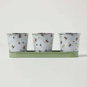 HOMESCAPES Set of 3 Green and White Indoor Plant Pots with Floral Bee Design