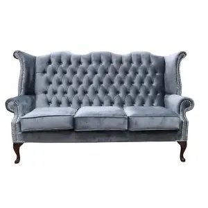 Chesterfield 3 Seater High Back Sofa Amalfi Steel Grey Velvet Fabric In Queen Anne Style