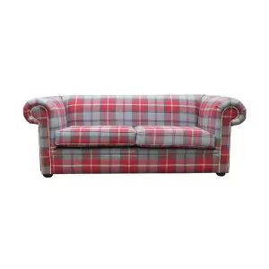 Chesterfield Tartan 1930's 3 Seater Sofa Balmoral Cherry Red Fabric In Classic Style