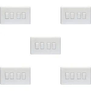 5 PACK 4 Gang Quad 10A Light Switch 2 Way - WHITE PLASTIC Wall Plate Rocker