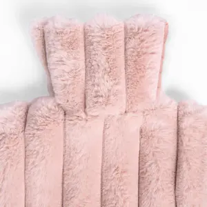 Faux Fur Hot Water Bottle Ribbed Fluffy Fleece Supersoft Warmer, Blush