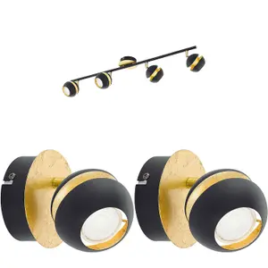 Quad Ceiling Light & 2x Matching Wall Lights Black & Gold Adjustable Trendy