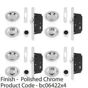 4 PACK - Sliding Pocket Door Lock & Latch Set - Polished Chrome Round Forend Finger Pull