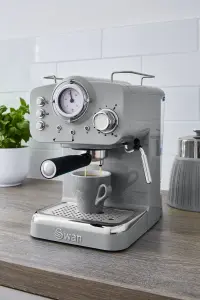 Swan Retro Pump Espresso Coffee Machine, Grey, 15 Bars of Pressure, Milk Frother, 1.2L Tank, SK22110GRN