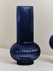 Interiors by Premier Large Blue Cylindrical Glass Vase, Wide Midsection and Ribbed Design Flower Vase, Large Blue vase for Decor