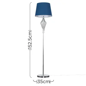 ValueLights Jaspa Polished Chrome Metal Wire Geometric Diamond Design Floor Lamp with Navy Blue Shade