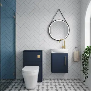 Power Cloakroom Bundle - Left Wall Hung Vanity Unit, Concealed Cistern WC Unit, Toilet & Tap, 440mm - Blue/Brass - Balterley