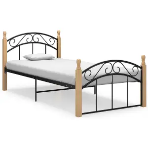 Berkfield Bed Frame Black Metal and Solid Oak Wood 90x200 cm