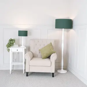 ValueLights Victoria Traditional White Wood Candlestick Floor Lamp with Forest Green Drum Shade - LED Bulb Included