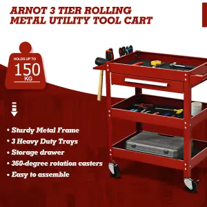 Costway 3-Tray Tool Cart Rolling Utility Cart Tray Organizer w/ Drawer & Wheels