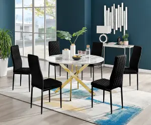 Furniturebox UK Novara White Marble Gold Leg 120cm Round Dining Table & 6 Black Velvet Milan Black Leg Chairs