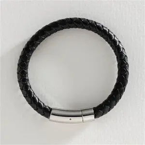 Revere Men's Black Leather Stainless Steel Braided Bracelet