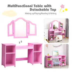 Costway 2 In 1 Kids Vanity Table Children Dressing Table Set w/ Mirror & Storage Shelves