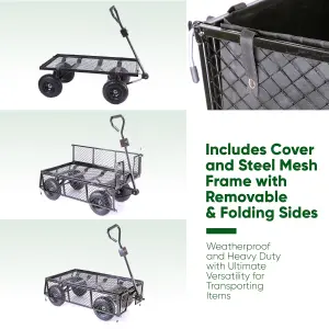 Garden TRAILER Cart Pull Along Trolley 350kg Heavy Duty Black Mesh Utility Gardeners Wagon with Removable Liner & Folding Sides