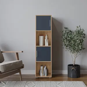 URBNLIVING 119cm Height 4 Cube Bookcase Oak Wooden Grey Door Metal Handle Display Storage Shelf