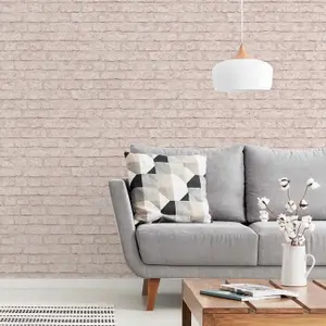 Arthouse Rustic Distressed Brick Wall Effect Blush Pink Metallic Wallpaper