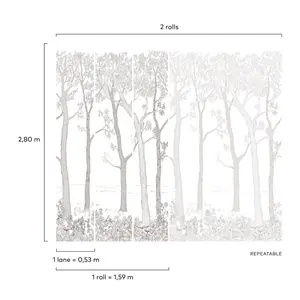 Grandeco Trees 3 panel repeatable Textured Mural,  2.8 x 1.59m, White