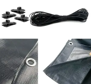 3 x 4 m Tarpaulin Waterproof Heavy Duty Cover Ground Sheet Camping with 4 Tarp Clips + 10m / 30ft Bungee Cord (Grey - 200GSM)