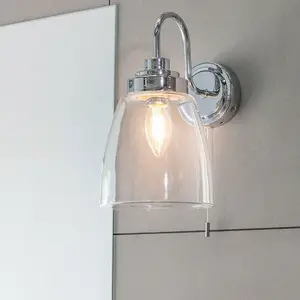 IP44 Bathroom Wall Light Chrome & Domed Clear Glass Modern Curved Arm Oval Lamp