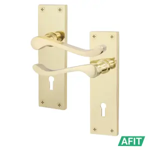 AFIT Polished Brass Victorian Scroll Door Handle Key Lock Set, 1 Pair of Internal Handles on Backplate, Hinges 76mm Sash Lock 64mm