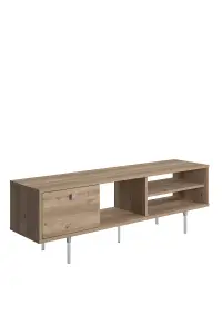 Mika TV Stand with 3 Shelves and 1 Cabinet, 140 x 35 x 45 cm TV Unit Table for TVs up to 60 inch, Oak