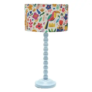 Powder Blue Bobbin Stem Table Lamp with Jungle Drum Shade for Living Room Bedroom - LED Bulb Included