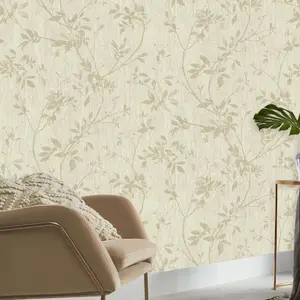 GoodHome Hirta Beige Metallic effect Floral Textured Wallpaper